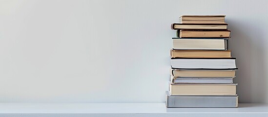 Poster - Books stacked neatly on a white table with ample copy space image.