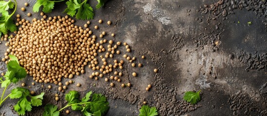 Wall Mural - A few coriander seeds arranged on the table with empty space for text or image.