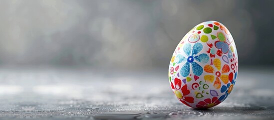 Poster - Celebrate Easter with a vibrant, patterned egg on a grey background, capturing the essence of the spring holiday with copy space image.