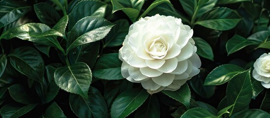 Poster - Close-up capture of a large white flower amidst a lush shrub in the garden, offering ample copy space in the image.