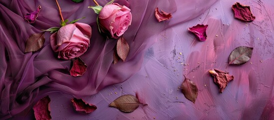 Sticker - A lovely fashion display of roses on a purple backdrop with scattered leaves and dried rose petals on a scarf, creating a captivating copy space image.