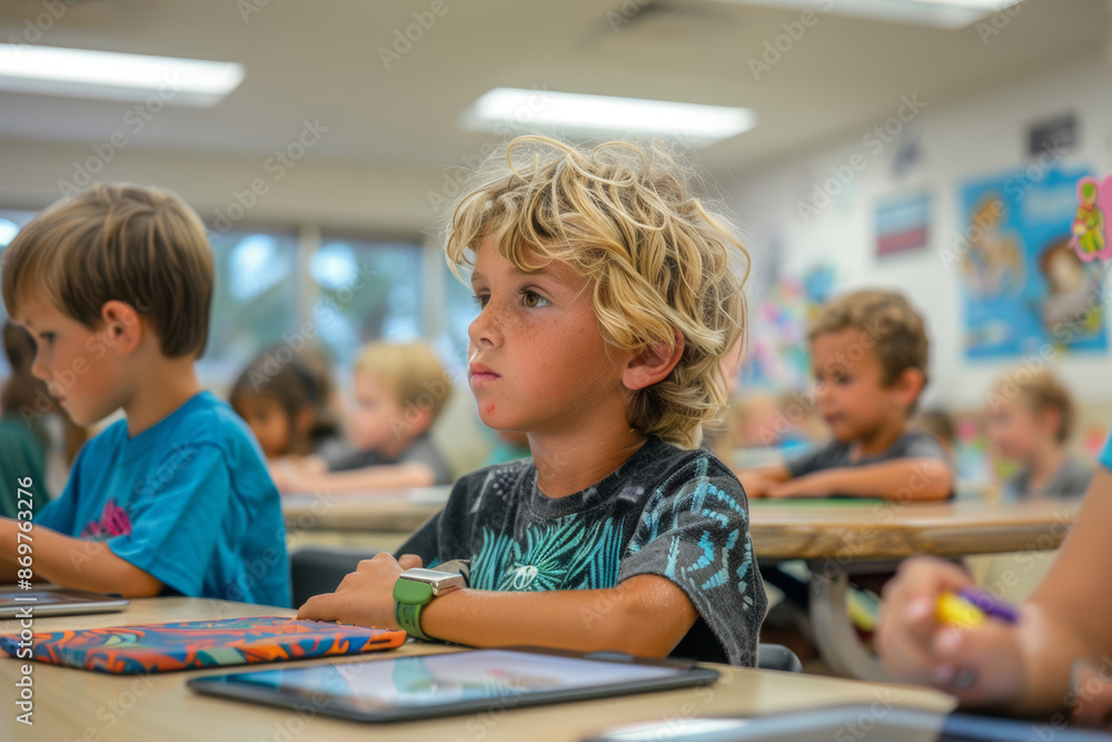 Primary school children sitting at their desks with their tablets on ...