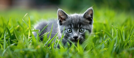 Sticker - A tiny gray kitten perched on lush green grass, with copy space image available.