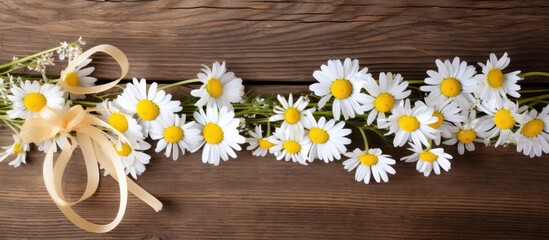 Poster - Chamomile flowers and a ribbon on a wooden background provide a charming setting for a copy space image.