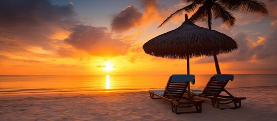 Poster - Scenic tropical sunset with two sun beds, loungers, an umbrella under a palm tree, white sand, a sea view, colorful twilight sky, offering calmness at an inspirational beach resort hotel with copy