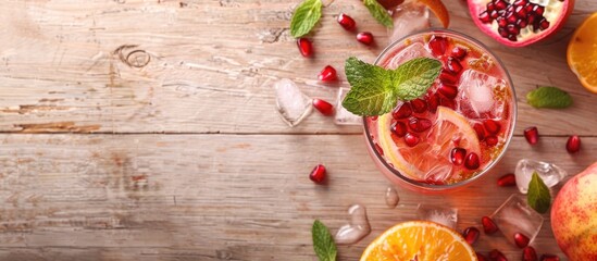 Wall Mural - A revitalizing cocktail with ice, mint, pomegranate seeds, and fruit slices set on a light wooden backdrop with ample copy space image.