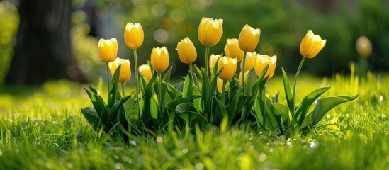 Fototapete - Beautiful yellow tulips blooming in the ground against a background of lush green grass, providing a perfect copy space image.