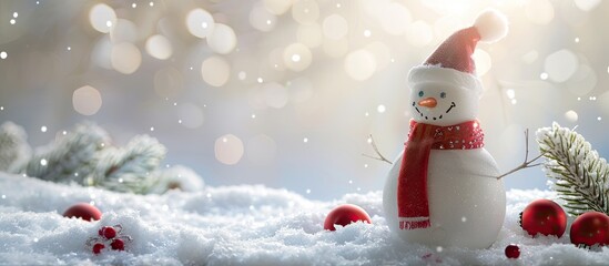 Aufkleber - White Christmas themed snowman decoration against a wintry snow backdrop with copy space image.