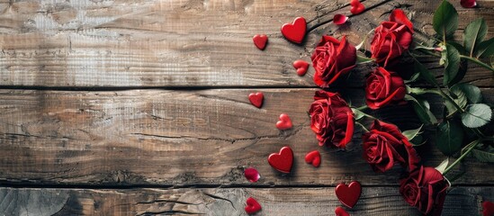 Wall Mural - A lovely arrangement of red roses and hearts on a wooden surface, ideal for Valentine's Day festivities, featuring ample room for text or images alongside.