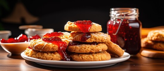 Poster - Cookies with syrup and jam displayed on the desk with copy space image.