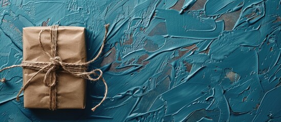 Aufkleber - Blue textured wall with wrapped presents and biker's twine on a postcard. Ideal for text placement.