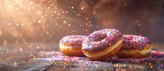 Poster - Strawberry and Chocolate coated homemade doughnuts with rainbow sugar toppings displayed on a wooden background with selective focus, ideal for a copy space image.