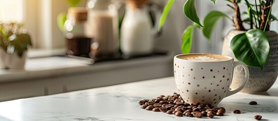 Aufkleber - Coffee cup filled with beans, milk, and tree on the table with a background featuring copy space image.