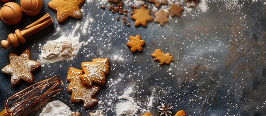 Sticker - Top view of a frame of flour with Christmas cookie baking shapes on a dark background. Christmas food concept with a flat lay composition including copy space image.