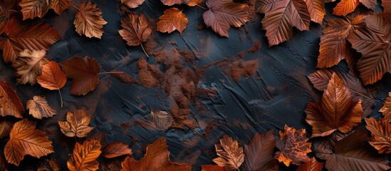 Poster - Autumn background with full-frame flat lay featuring chestnut leaves creating a beautiful display with copy space image.