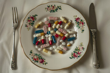 Plate with pills, treatment concept, medicine