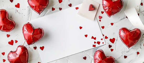 Wall Mural - Valentine's Day-themed flat lay on a white backdrop with red heart-shaped sweets, confetti, and an empty paper for copy space image.