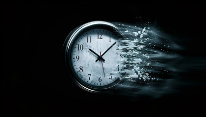 Fleeting time copy space concept. Modern and Analog dynamic clock dissolving on black background