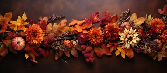 Aufkleber - A fall-themed arrangement featuring a border crafted from vibrant dried autumn leaves, embellished with copy space image.