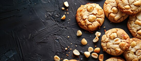 Canvas Print - An aerial shot of white chocolate macadamia nut cookies with a copy space image.