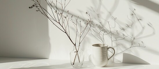 Poster - A clear vase holding dried branches and a mug set against a white backdrop demonstrates minimalist eco-friendly interior decor, offering a staged copy space image.