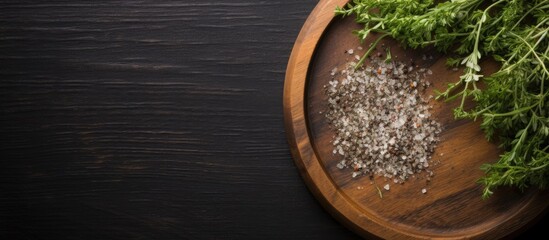 Leinwandbilder - Top view of a round wooden plate with herbs and salt displayed on a dark wooden background, with room for text or other elements in the copy space image.