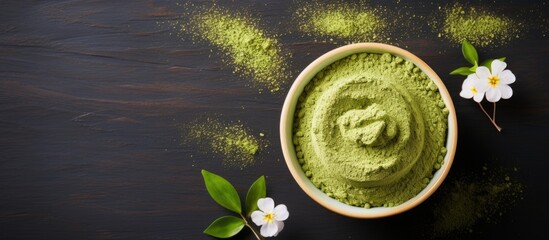 Poster - DIY beauty treatment recipe for a homemade matcha powder face and hair mask. Includes green tea spa cosmetics. Top view with ample copy space image.