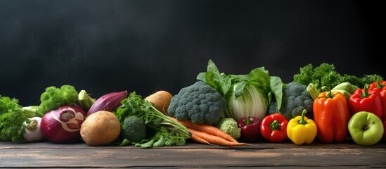 Poster - Fresh farmer vegetables displayed on a dark concrete table with copy space image available for text.