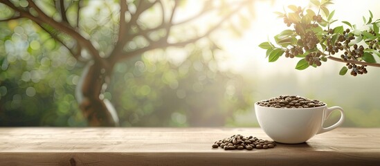 Aufkleber - Coffee cup filled with beans, milk, and tree on the table with a background featuring copy space image.