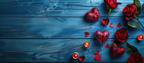 Canvas Print - Blue desk with Valentine decorations, top view with space for your own image.