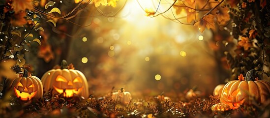 Aufkleber - Autumn scene showcasing Halloween pumpkins with a blank space for adding an image.