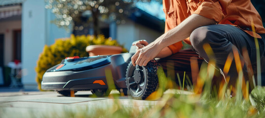 Professional Service Technician Inspecting Robotic Lawnmower for Optimal Performance