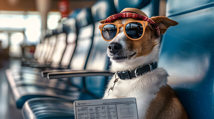 dog with sunglasses and chek in boarding pass in airline terminal. summer and vacation. 