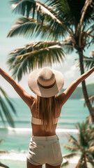 Wall Mural - Back view of a elegant woman in summer outfit on her holiday and hat raising arms. Happy on summer vacation with tropical ocean view