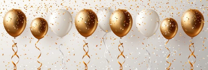 Canvas Print - Golden and White Balloons with Confetti and Ribbons