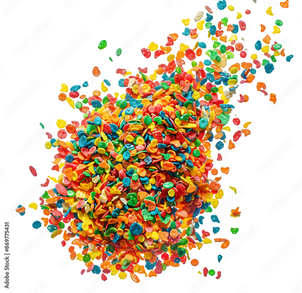 Exploding fruity pebbles cereal, individual separated and pieces ...