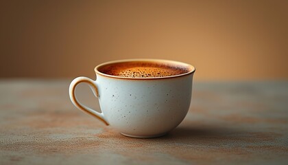 Wall Mural - A white cup with hot coffee on the table against the background of the bright lights of the cafe