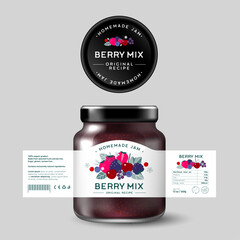 Wall Mural - Berry Mix Jam. Sweet food. Design of label with flat illustration and texts. Mockup of Glass Jar with Label.