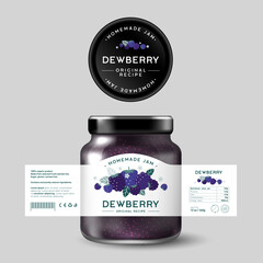 Wall Mural - Dewberry/Blackberry Jam. Sweet food. Design of label with flat illustration and texts. Mockup of Glass Jar with Label.