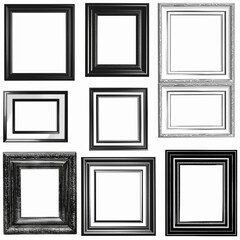 A collection of blank black and white frames, isolated on a white background