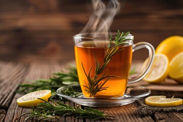 Steaming herbal tea with rosemary and lemon on a wooden table