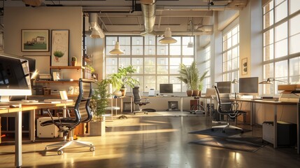 Modern Office Graphics Design in Soft Pastels: 3D Rendering with Natural Light Illumination