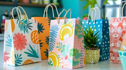 A close-up of six colorful paper gift bags with tropical and geometric designs