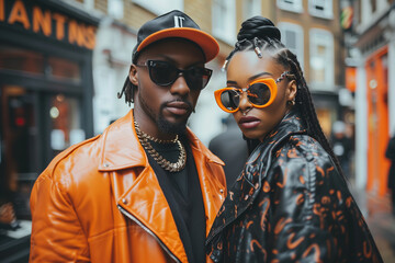 Fashionable Couple in Bold Orange Streetwear and Sunglasses on City Street