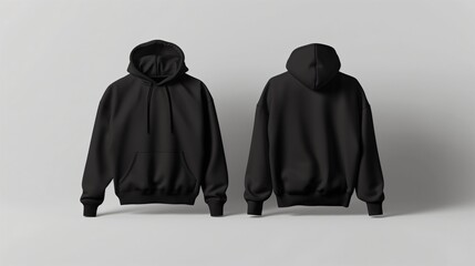 Black men's blank hoodie mockup, sweatshirt template isolated from a white background, without any text or logos, long-sleeved sweatshirt from the front and back, casual style clothing, fashion.