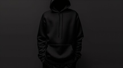A male model wearing a blank black hoodie mockup, casual sweatshirt or long-sleeved shirt without any text, brandless, for designs and commercial use. Concept of dressing, clothing, apparel.