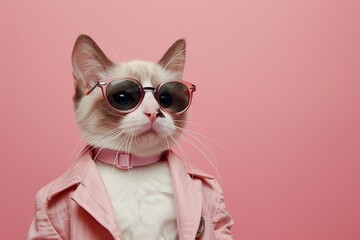 Wall Mural - Cute cat in modern costume and sunglasses on pink background