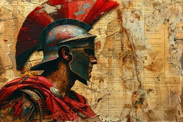 A close-up collage of a Roman gladiator's face, showcasing a mix of cool beige and brown textures in a unique collage style.