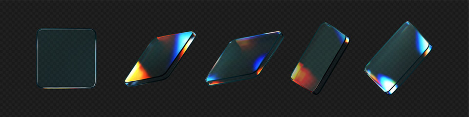 Wall Mural - 3d glass square shapes set with refraction and holographic effect isolated on black background. rend
