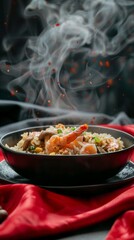 Wall Mural - A steaming bowl of fried rice with chicken and prawns on a red tablecloth